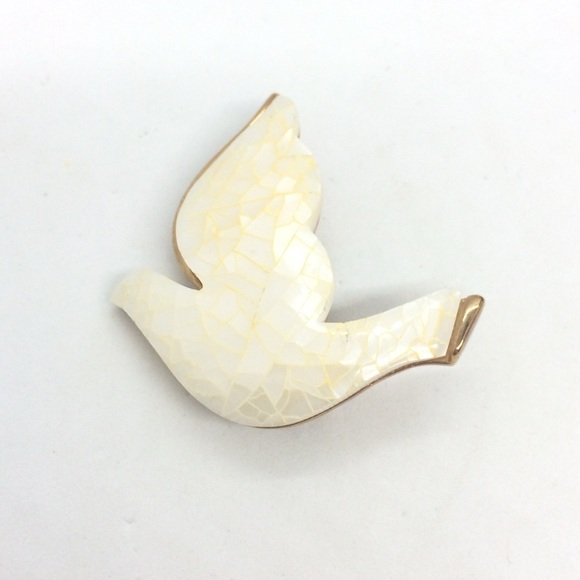 VINTAGE LIZ CLAIBORNE MOP DOVE BROOCH PIN GOLD TONE MOSAIC PEACE CHRISTMAS BIRD - Picture 9 of 16